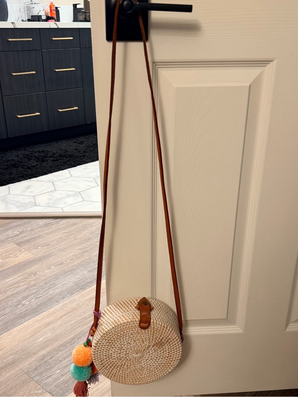 Woven Round Straw Crossbody Bag with Pom Tassel - Natural